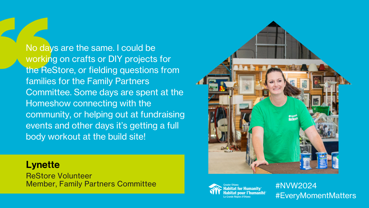 Graphic for National Volunteer Week featuring Habitat volunteer Lynette.